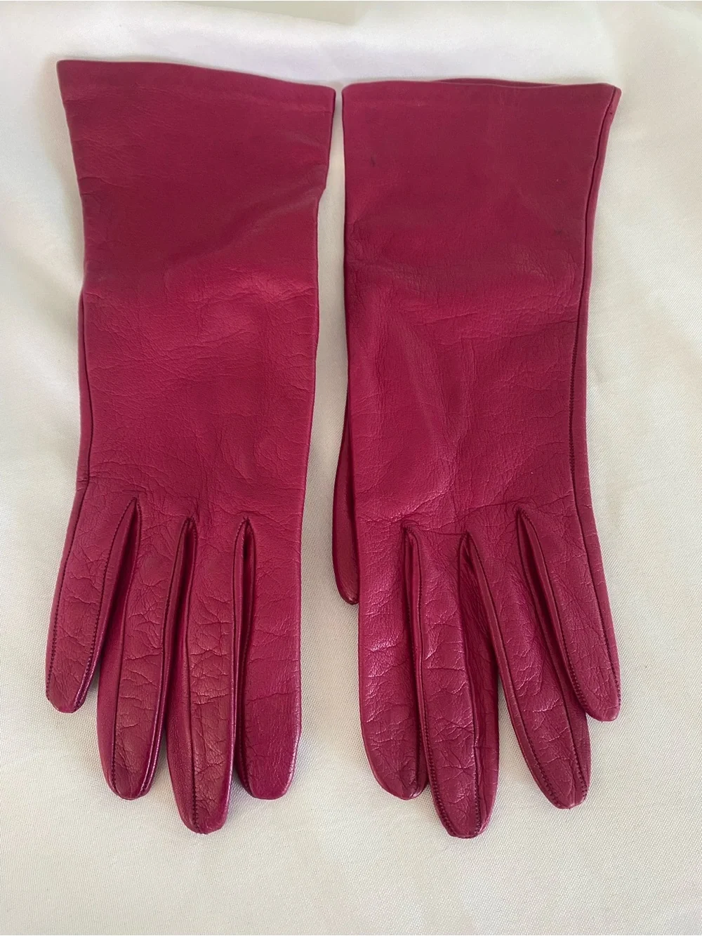Neiman Marcus Women's Leather Mid-Forearm Length Silk Lined Gloves in Raspberry